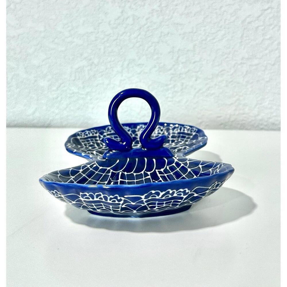 Vintage Trinket Dish Divided Cobalt Blue and White Handle Asian Style Decoration - Picture 4 of 5